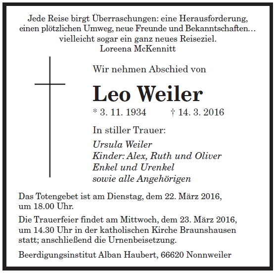 Todesanzeige Papa, Saarbr�cker Zeitung, 19.03.2016